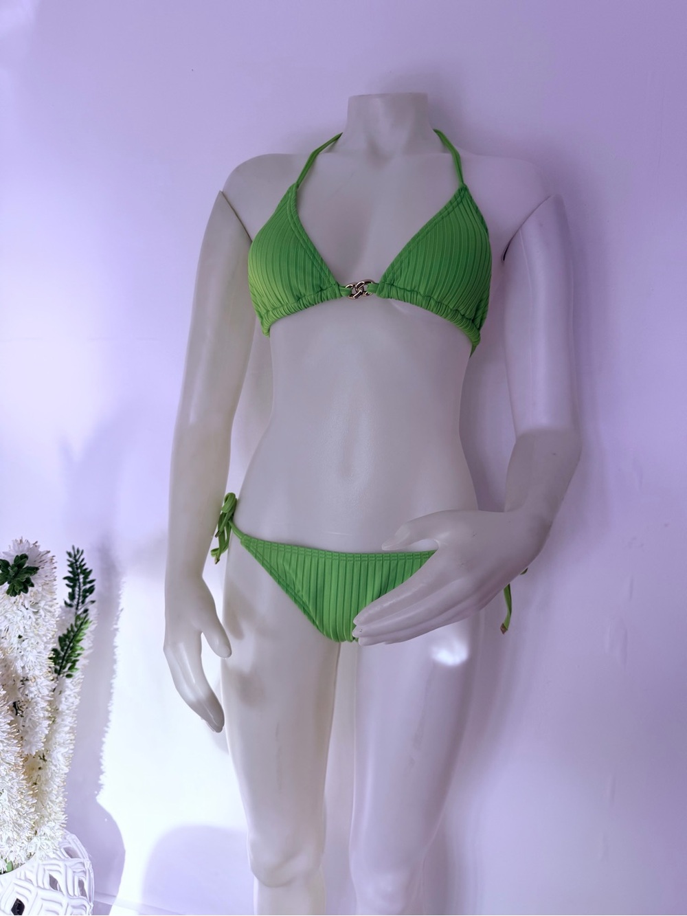 Michael Kors Green Ribbed Bikini Set Gold Logo Size S